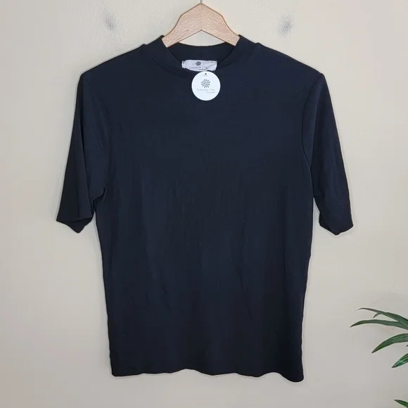 NWT Everyday Chic Boutique Black Ribbed Modal Mock Neck Short Sleeve Top Large - Picture 1 of 4